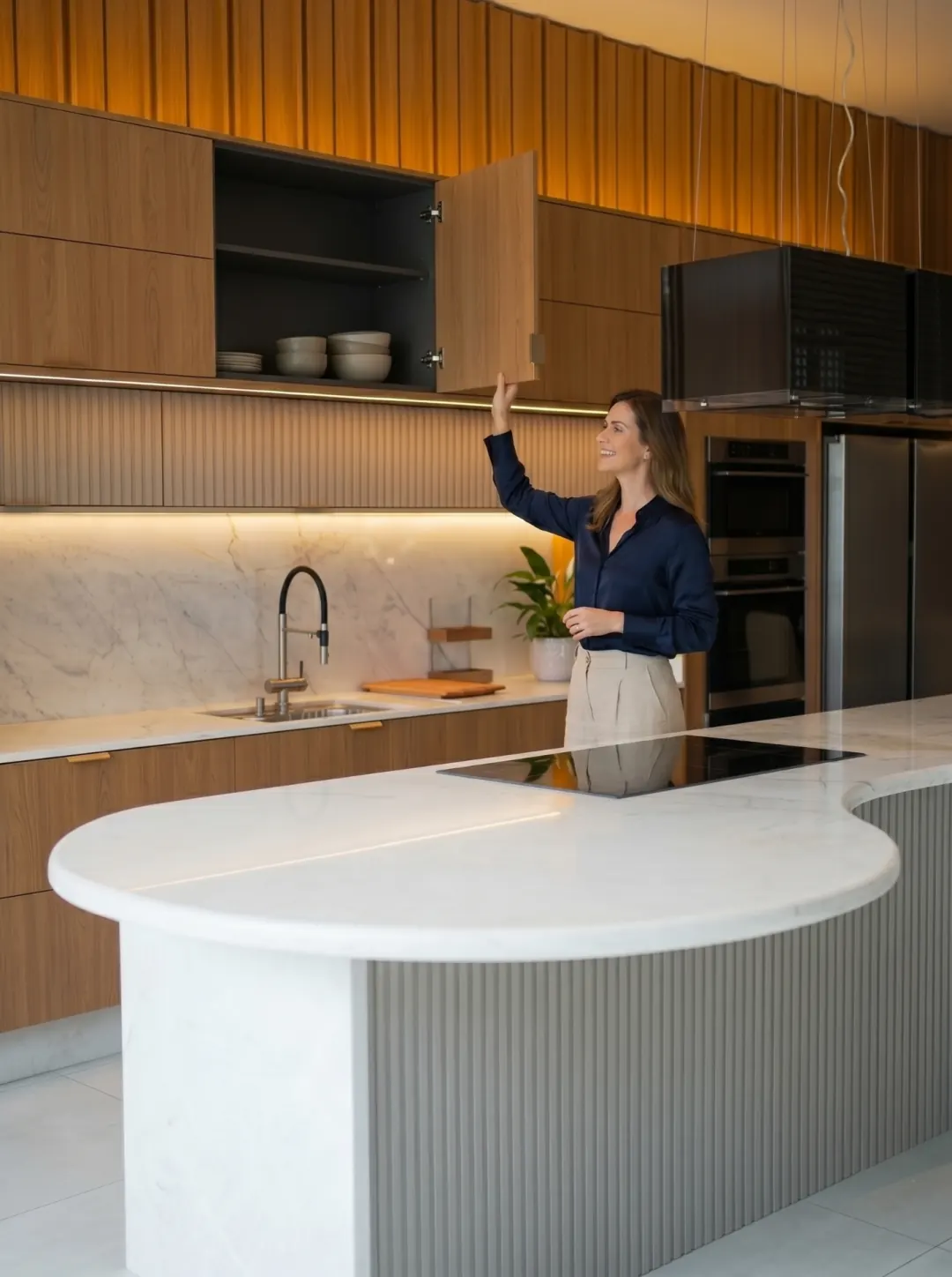 Mulher elegante em cozinha planejada de luxo com marcenaria amadeirada e bancada de mármore